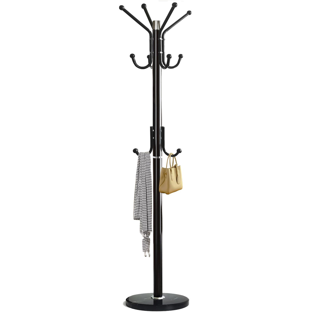 Metal Hall Tree Coat Rack, 11 Staggered Hooks, Marble Base, Black