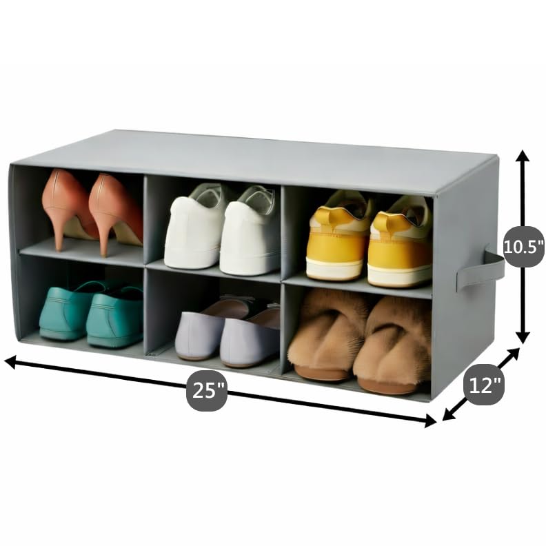 Foldable Gray Shoe Cubby Bin, 6 Sections, 2 Tier with Handles