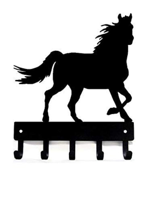 Horse Design Wall Key Rack, 5 Hooks, 9 x 10 Inch Black Steel