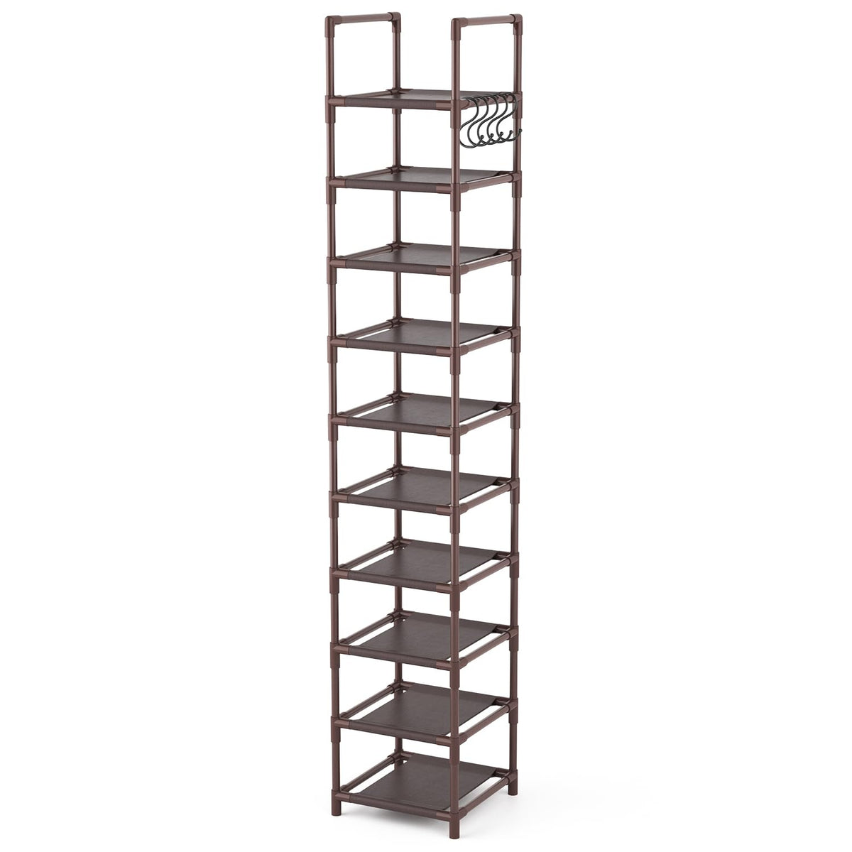 Brown 10 Tier Vertical Shoe Tower, Skinny Rack for 10 to 15 Pairs