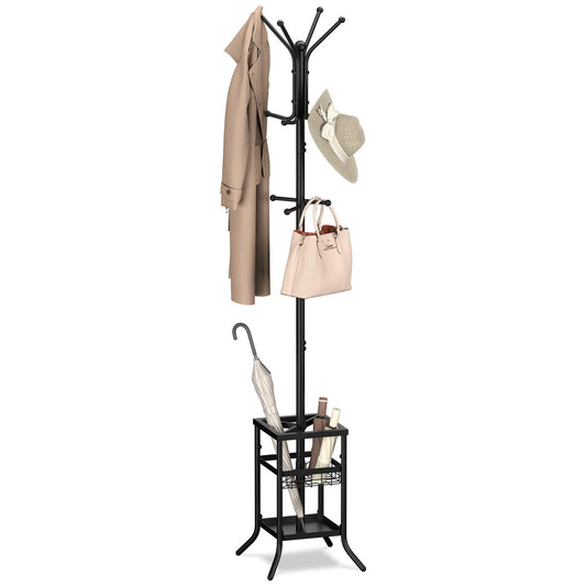 Metal Coat Tree with Umbrella Holder and 12 Hooks, Freestanding Coat Rack