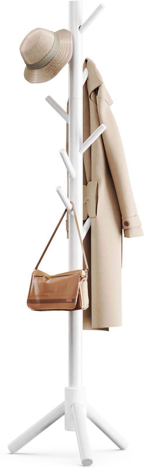 White Wooden Coat Rack Stand, 8 Hooks, 3 Height Settings