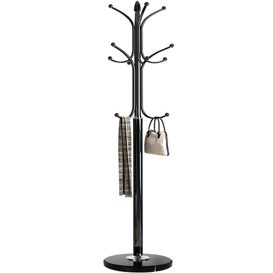 Freestanding Coat Rack with 12 Hooks, 70 Inch, Marble Base, Black