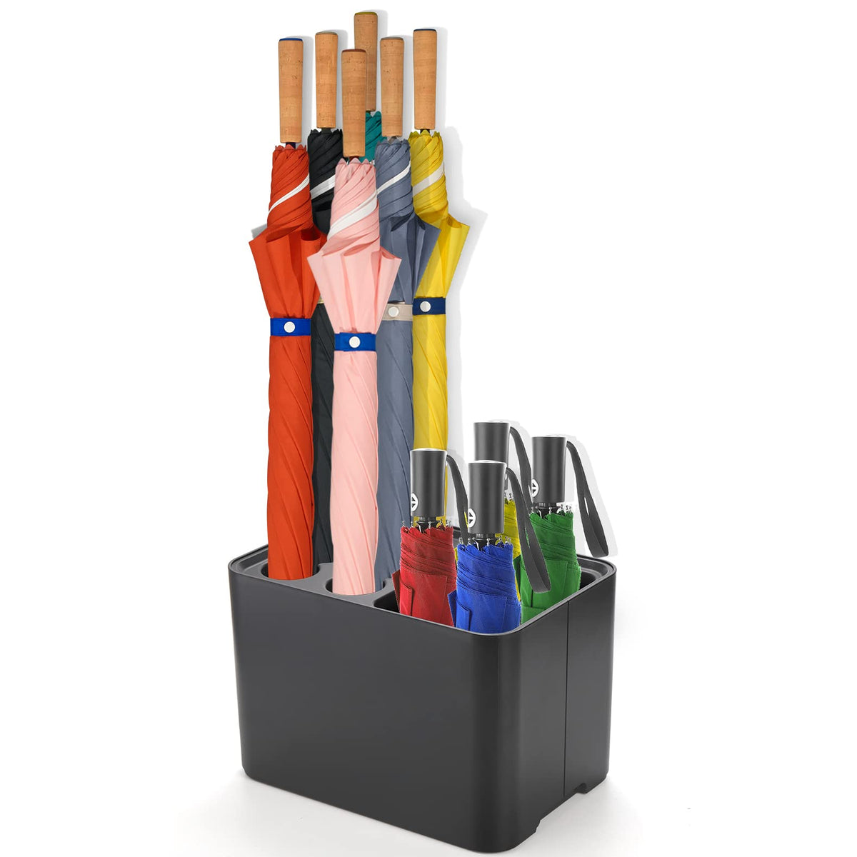 Black Umbrella Stand with 10 Slots and Removable Drip Tray, Compact Plastic