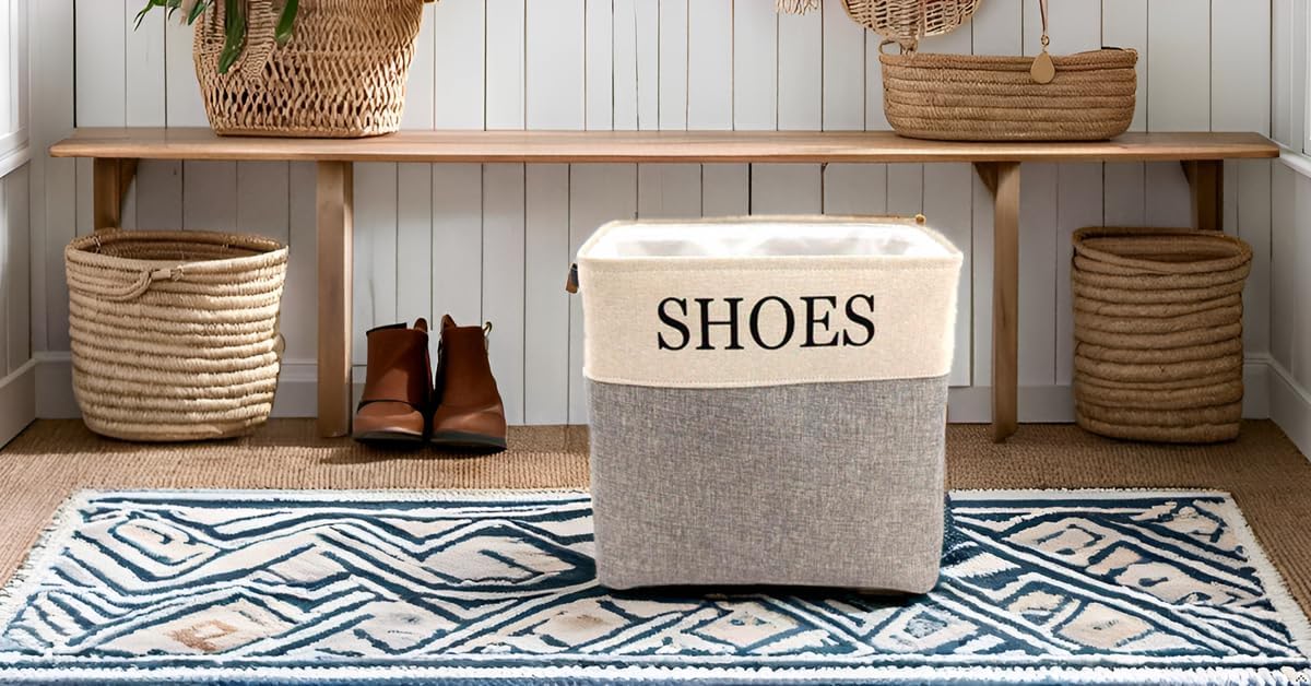 Large Canvas Shoe Storage Bin, Gray, Holds 12 or More Pairs