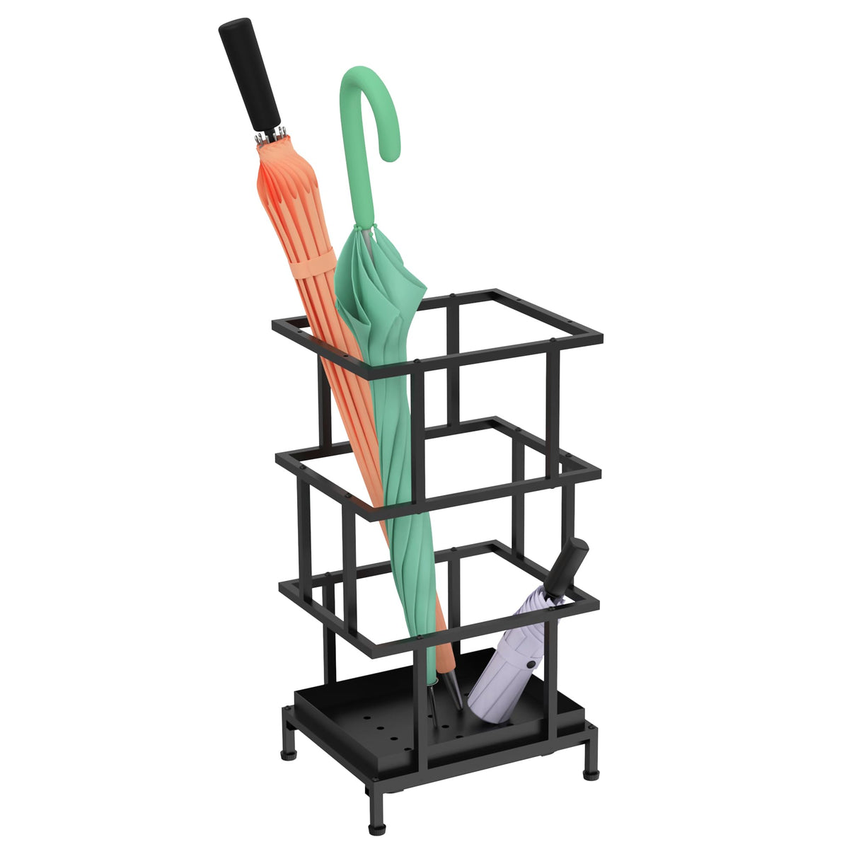 Square Tube Metal Umbrella Stand with Drip Tray, 18.7 Inch, Black
