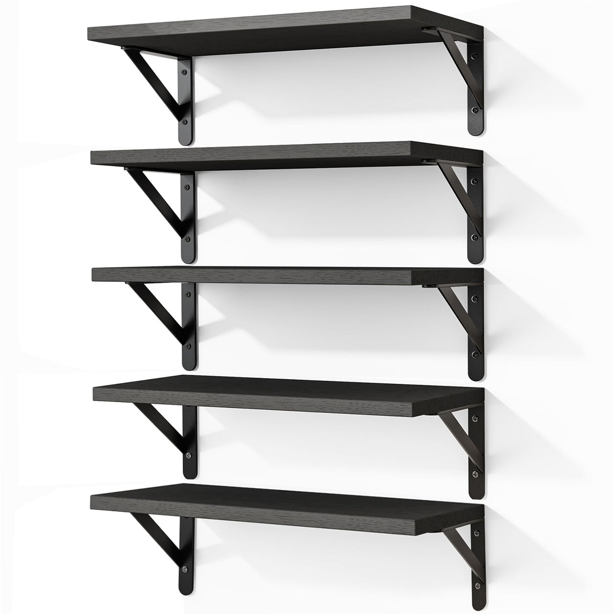 Black Floating Shelves, Set of 5, 16.5 Inch Wood Wall Shelves