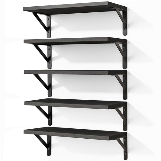 Black Floating Shelves, Set of 5, 16.5 Inch Wood Wall Shelves