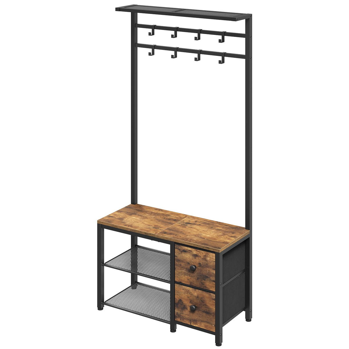5-in-1 Hall Tree with Bench, 2 Drawers and 8 Sliding Hooks, Rustic Brown
