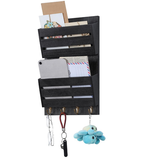 Black Wood Mail and Key Holder, 2 Slot Wall Organizer with 4 Hooks