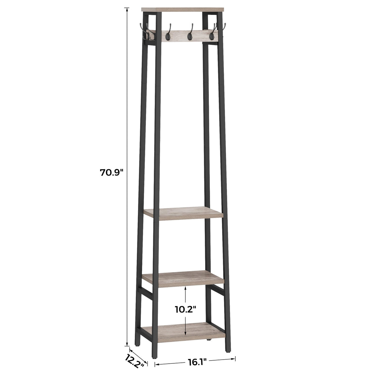 Hall Tree Coat Stand, 7 Hooks, 3 Tier Shelves, Greige and Black