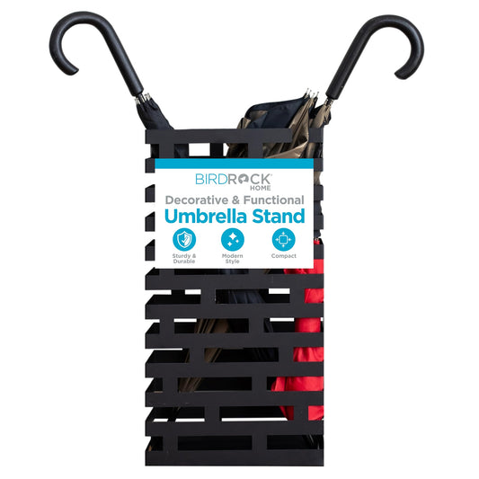 Black Iron Umbrella Stand with Removable Tray, Striped Design