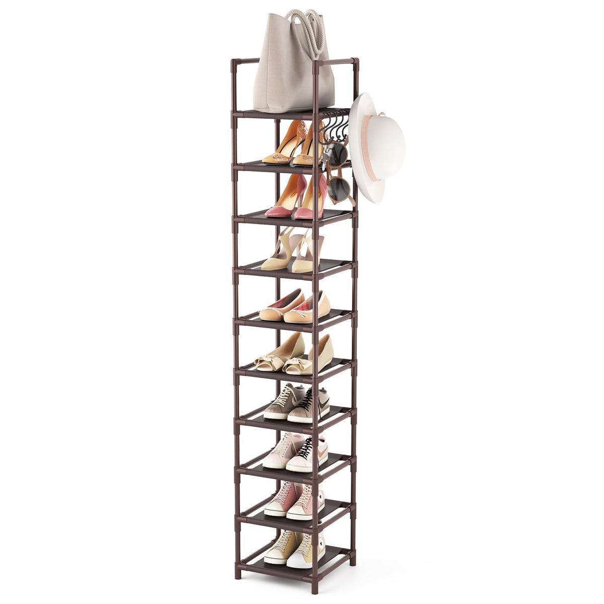 Brown 10 Tier Vertical Shoe Tower, Skinny Rack for 10 to 15 Pairs