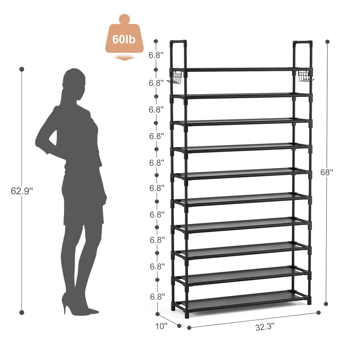 10-Tier Tall Metal Shoe Rack with 2 Hooks, Wide Large Capacity Shoe Organizer