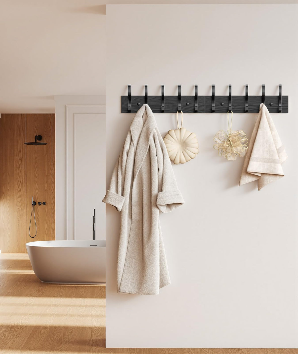 Black Wood Coat Rack Wall Mount, Set of 2 with 10 Double Hooks