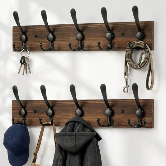 Pine Wall Coat Rack, 2 Pack, 5 Triple Hooks Each, Brown and Black