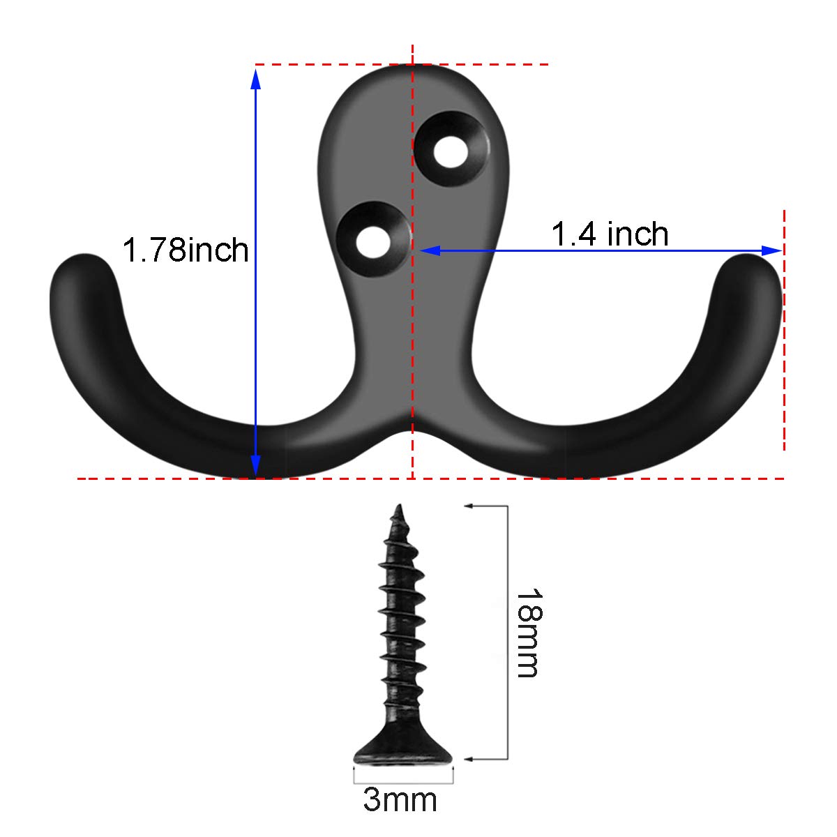 Black Double Prong Coat Hooks, 28 Pack with 56 Screws