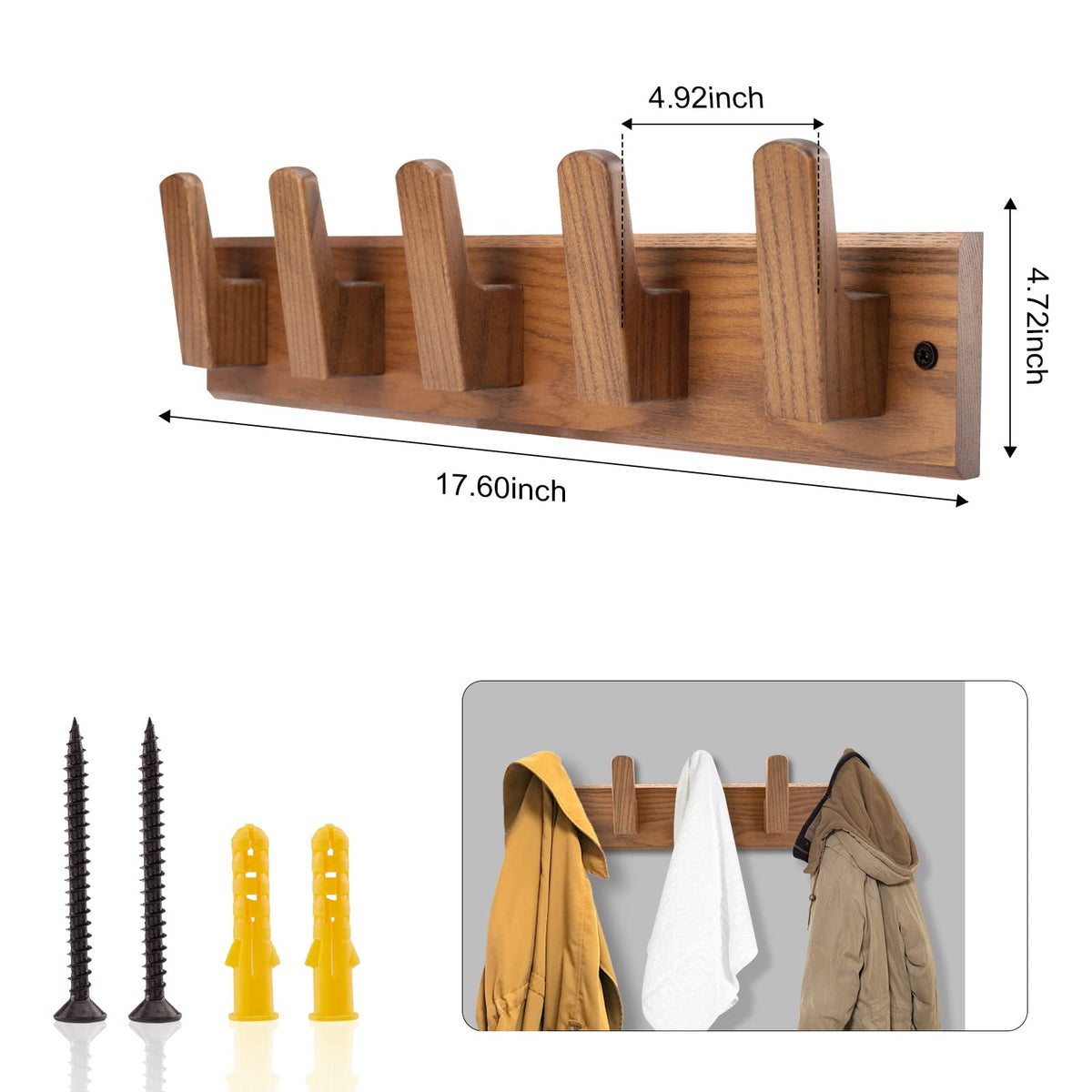 Natural Solid Wood Wall Coat Rack, 17 Inch Hole to Hole