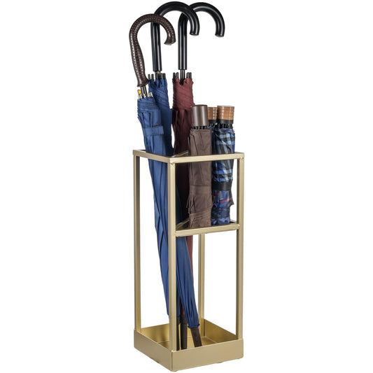 Brass Tone Metal Umbrella Stand with Drip Tray, 20 Inch Tall