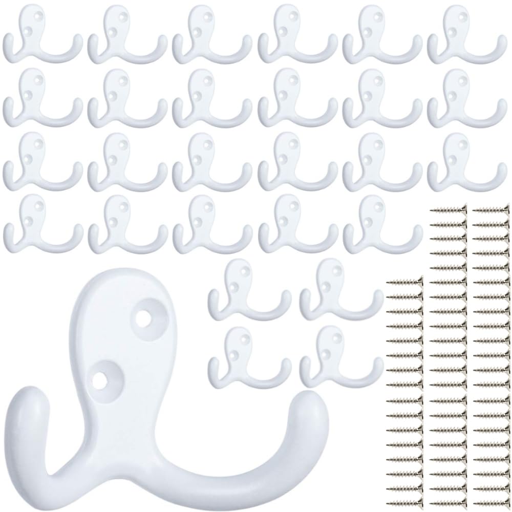 White Double Prong Coat Hooks, 28 Pack with 56 Screws