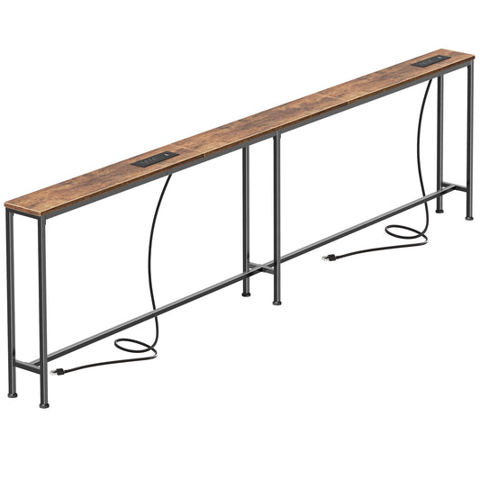 Rustic Brown Skinny Console Table, 94.5 Inch, Built-In Power Strips