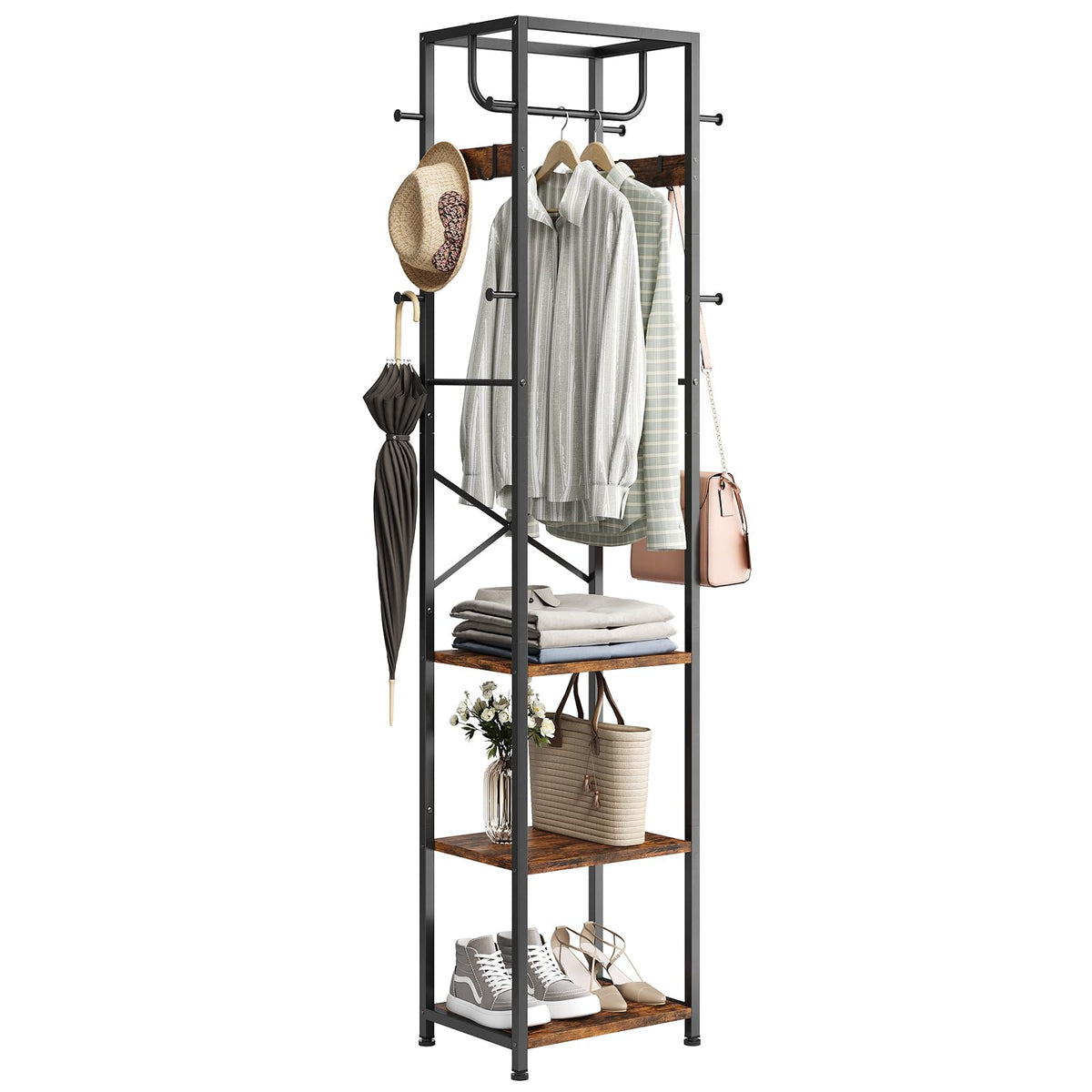 Rustic Brown Hall Tree Coat Rack, 3 Shelves, 12 Hooks, 70.9 Inch