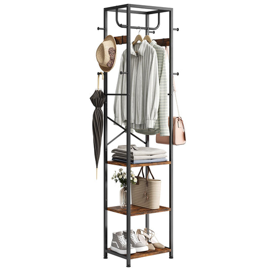 Rustic Brown Hall Tree Coat Rack, 3 Shelves, 12 Hooks, 70.9 Inch