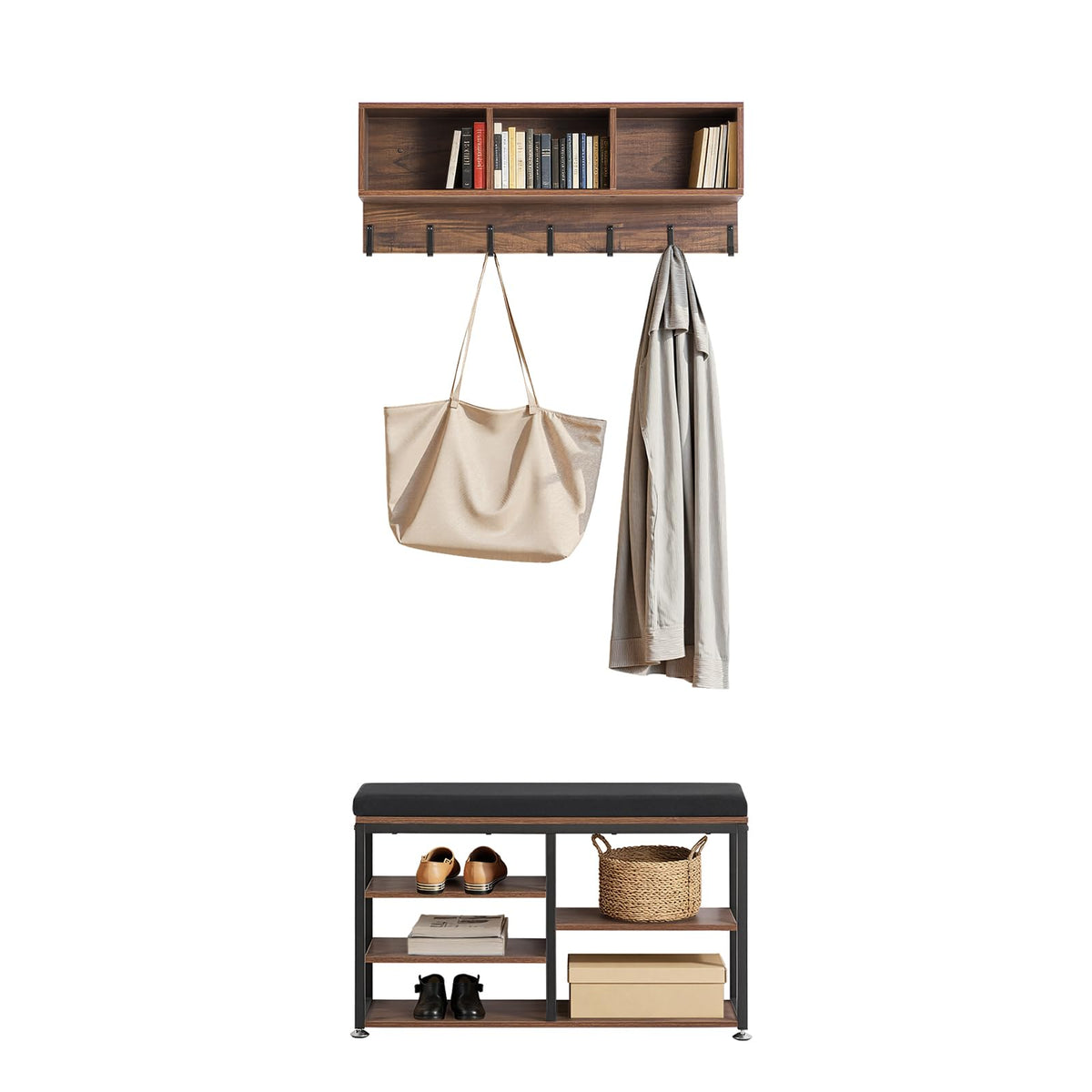 3-in-1 Hall Tree with Shoe Bench, 7 Hooks and Shelf, Oak and Black