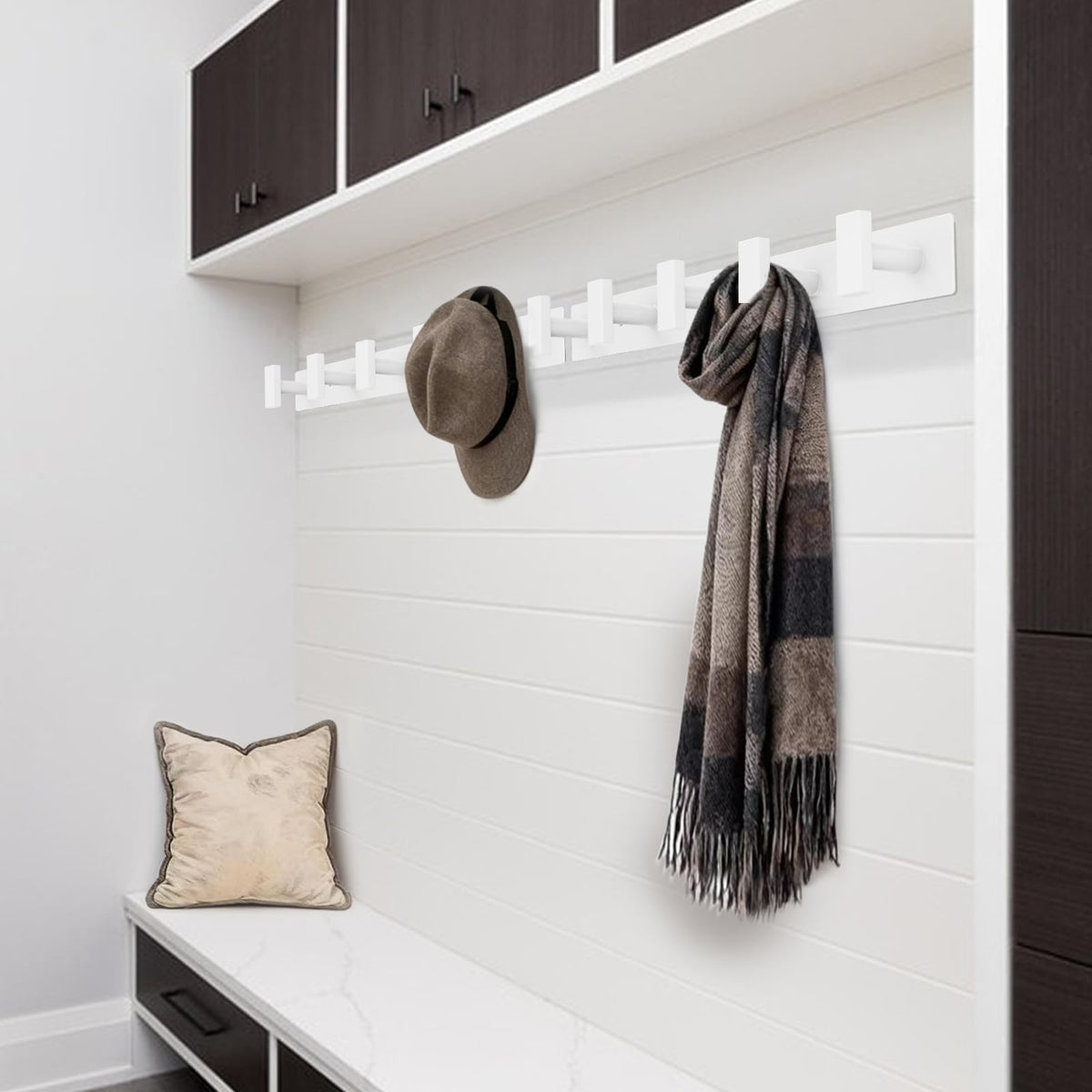 White Wall Coat Rack, 5 T Hooks, Stainless Steel Hook Rail