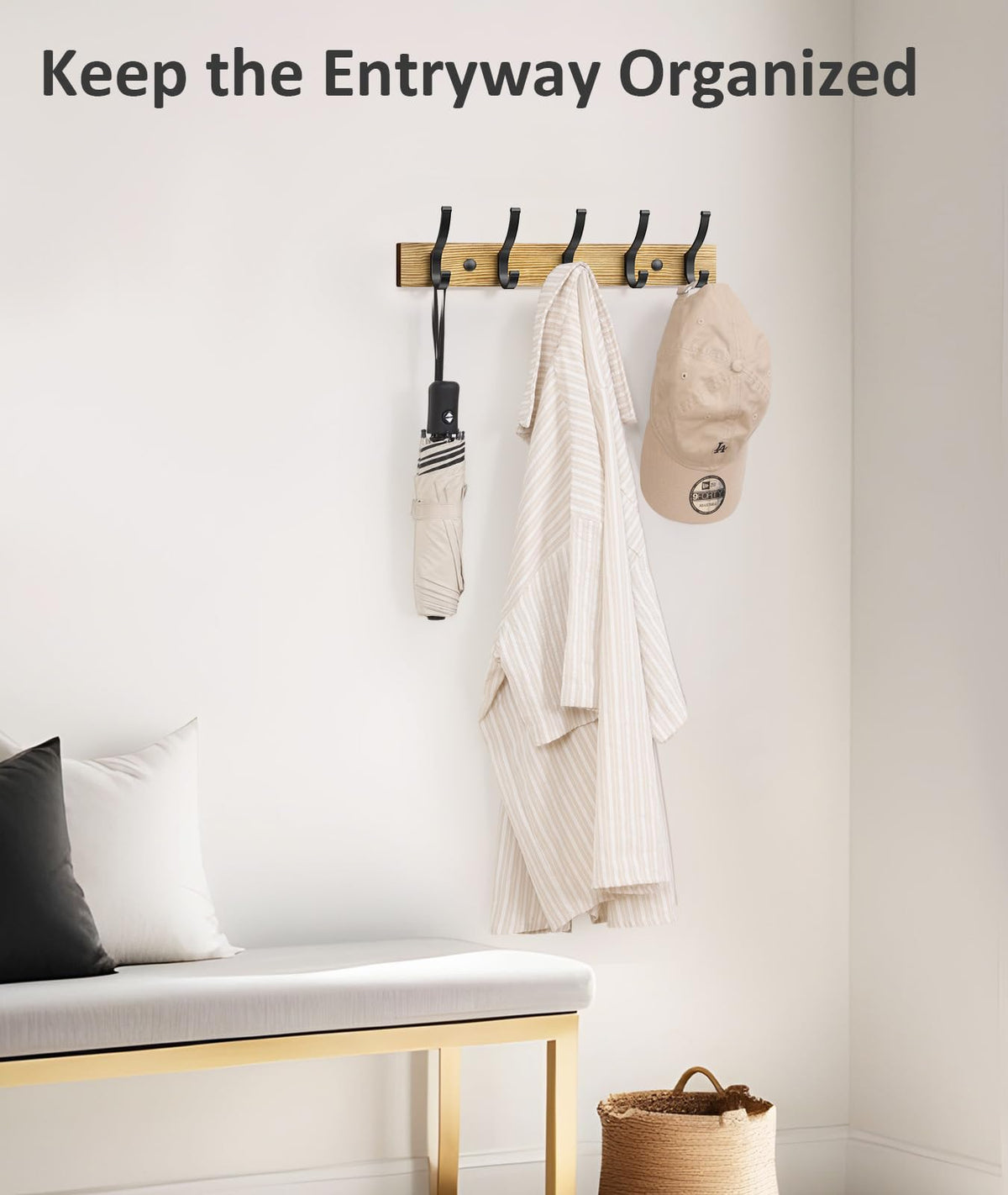 Wood Wall Coat Rack, 2 Pack, 16.5 Inch, 5 Hooks Each, Natural