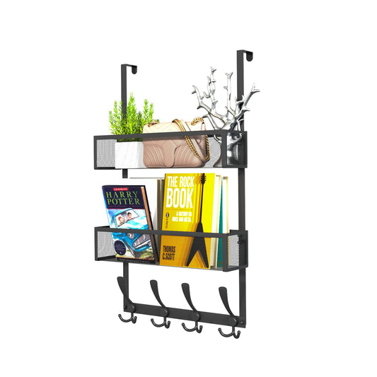 Black 3 Tier Over the Door Organizer, 12 Hooks, 2 Mesh Baskets