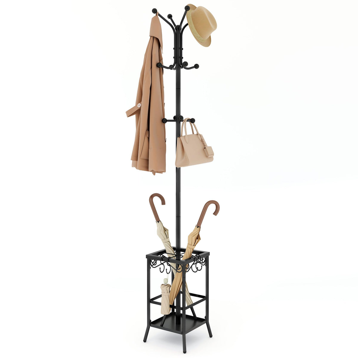 Freestanding Metal Coat Rack with 12 Hooks and Umbrella Holder, Black