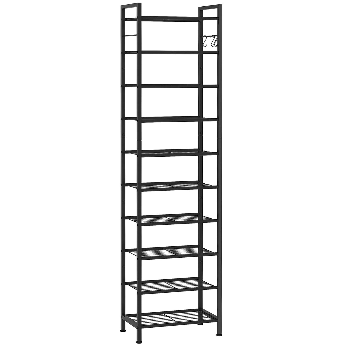 10 Tier Narrow Shoe Rack with 4 Hooks, 20 to 30 Pairs, Black Metal