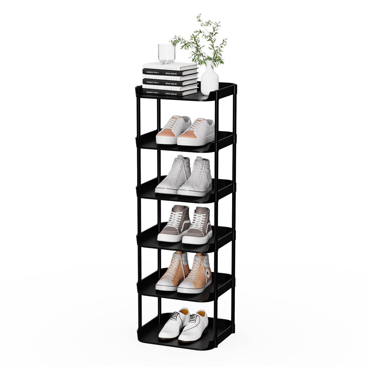 6-Tier Narrow Vertical Shoe Rack, Stackable Plastic Shoe Tower for Slim Spaces