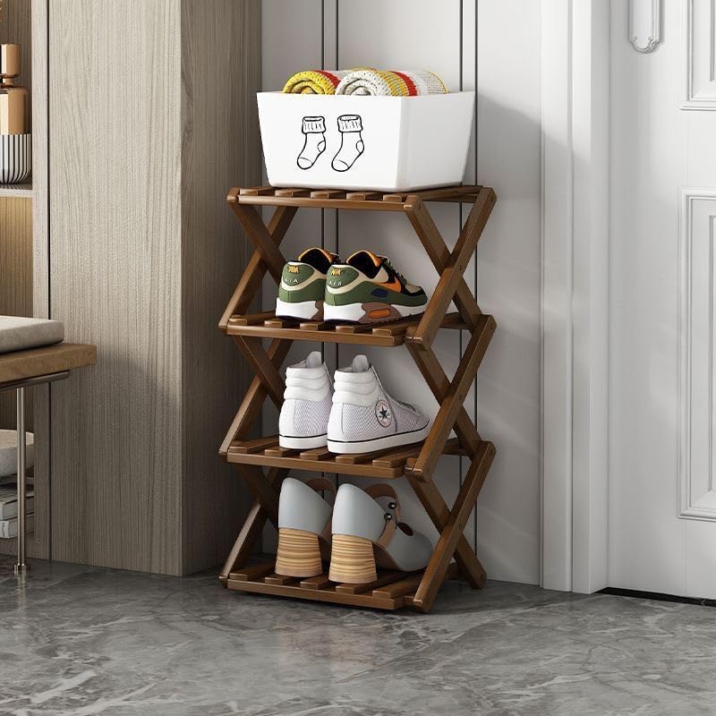 Foldable Bamboo Shoe Rack, 4 Tier, Tall Narrow Shoe Shelf, Brown