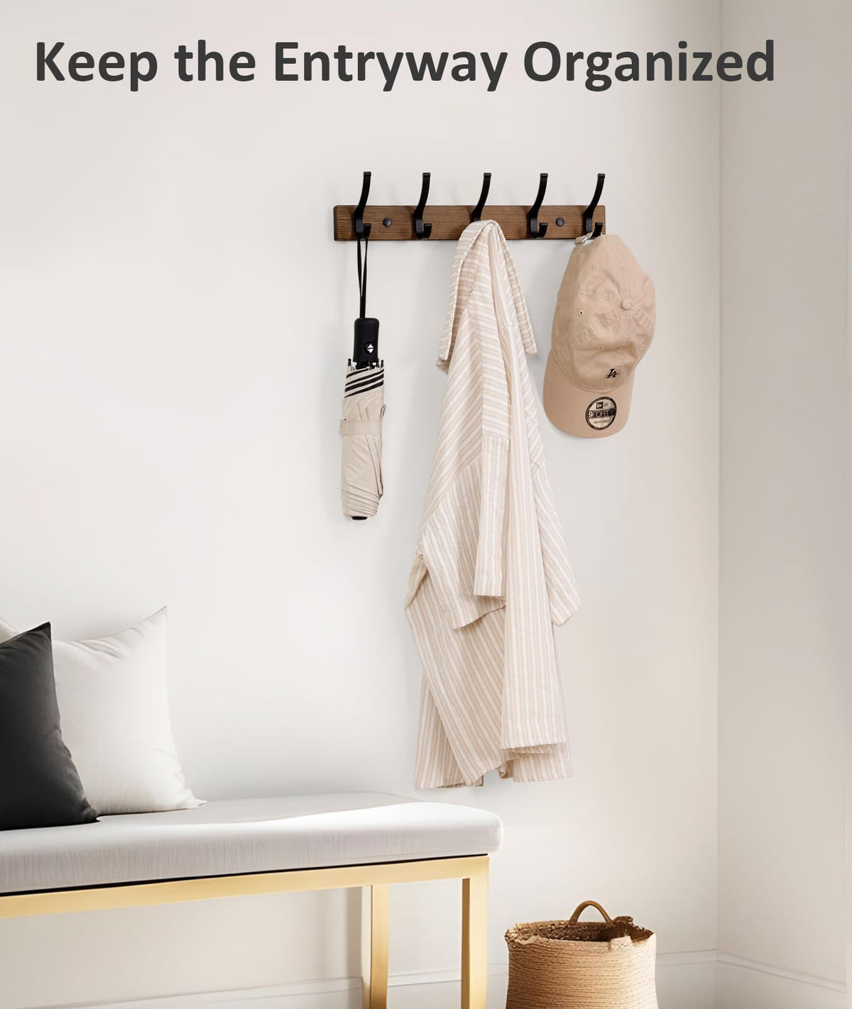 Wood Wall Coat Rack with 5 Hooks, 16.5 Inch Hook Rail for Coats, 2 Pack, Brown