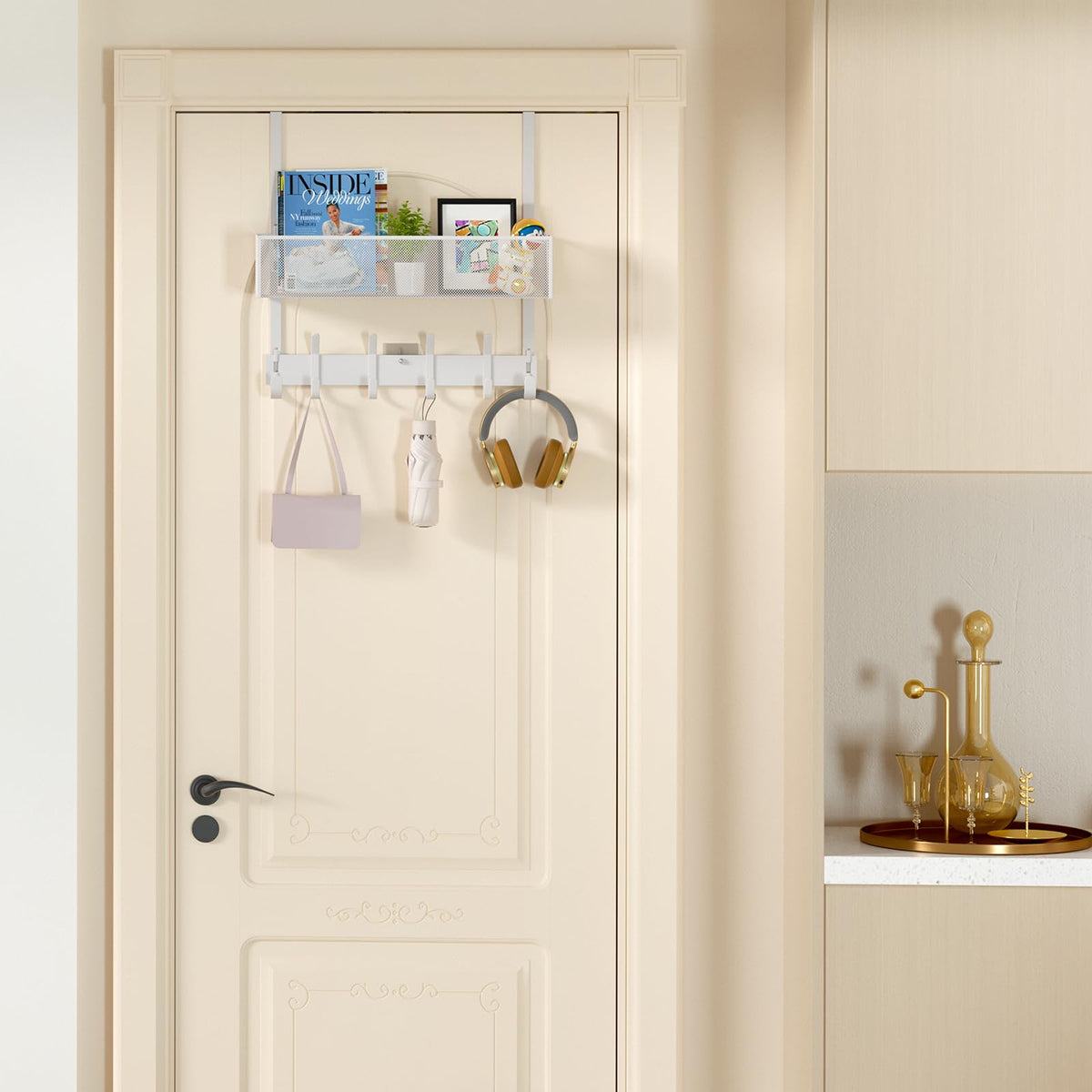 White Over the Door Hook Rack with Mesh Basket and Wreath Hangers