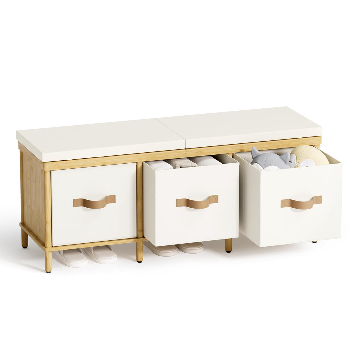 Bamboo Storage Bench with 3 Drawers and Cushion, 43.3 Inch, Natural