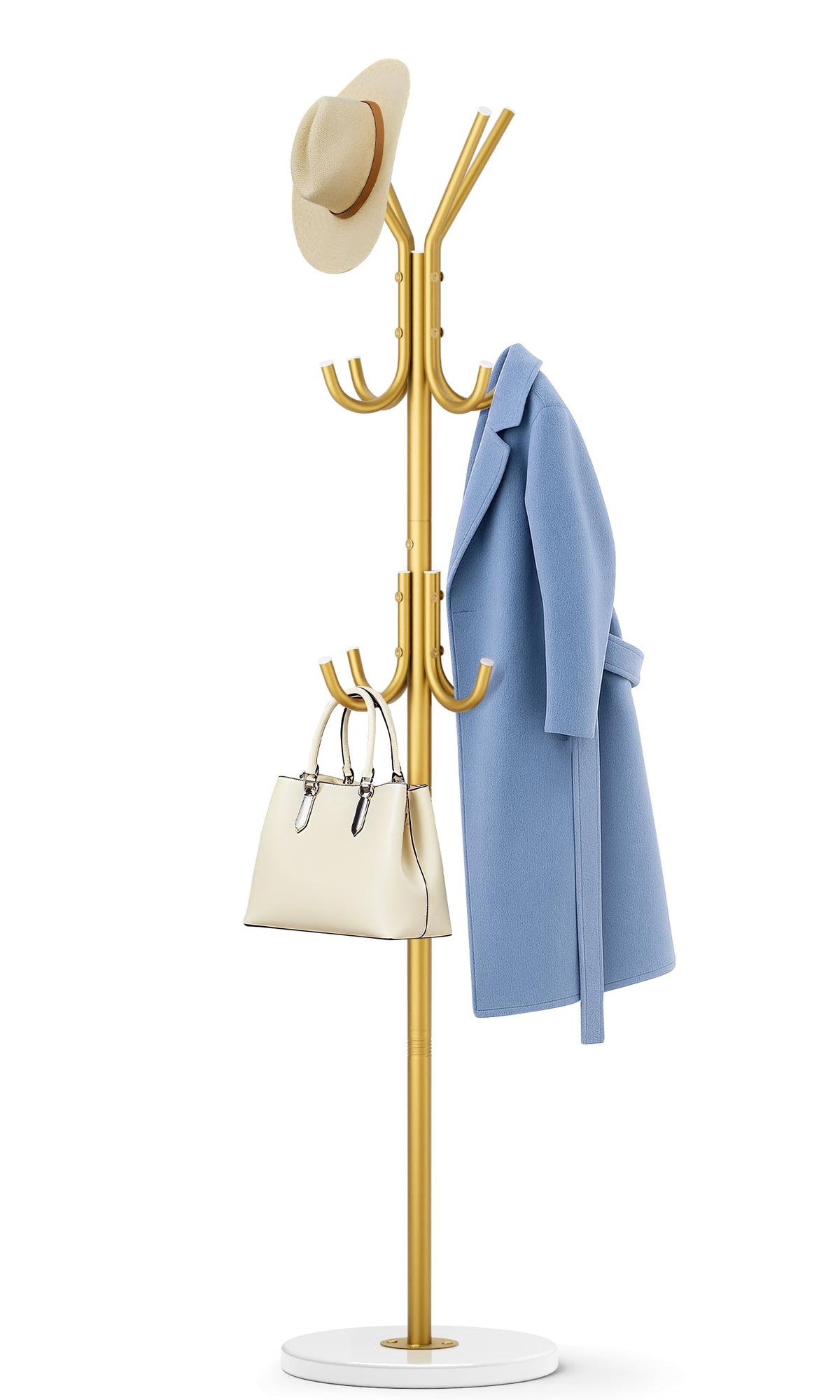 Gold Metal Coat Tree with 12 Hooks, Adjustable Height, Wood Base