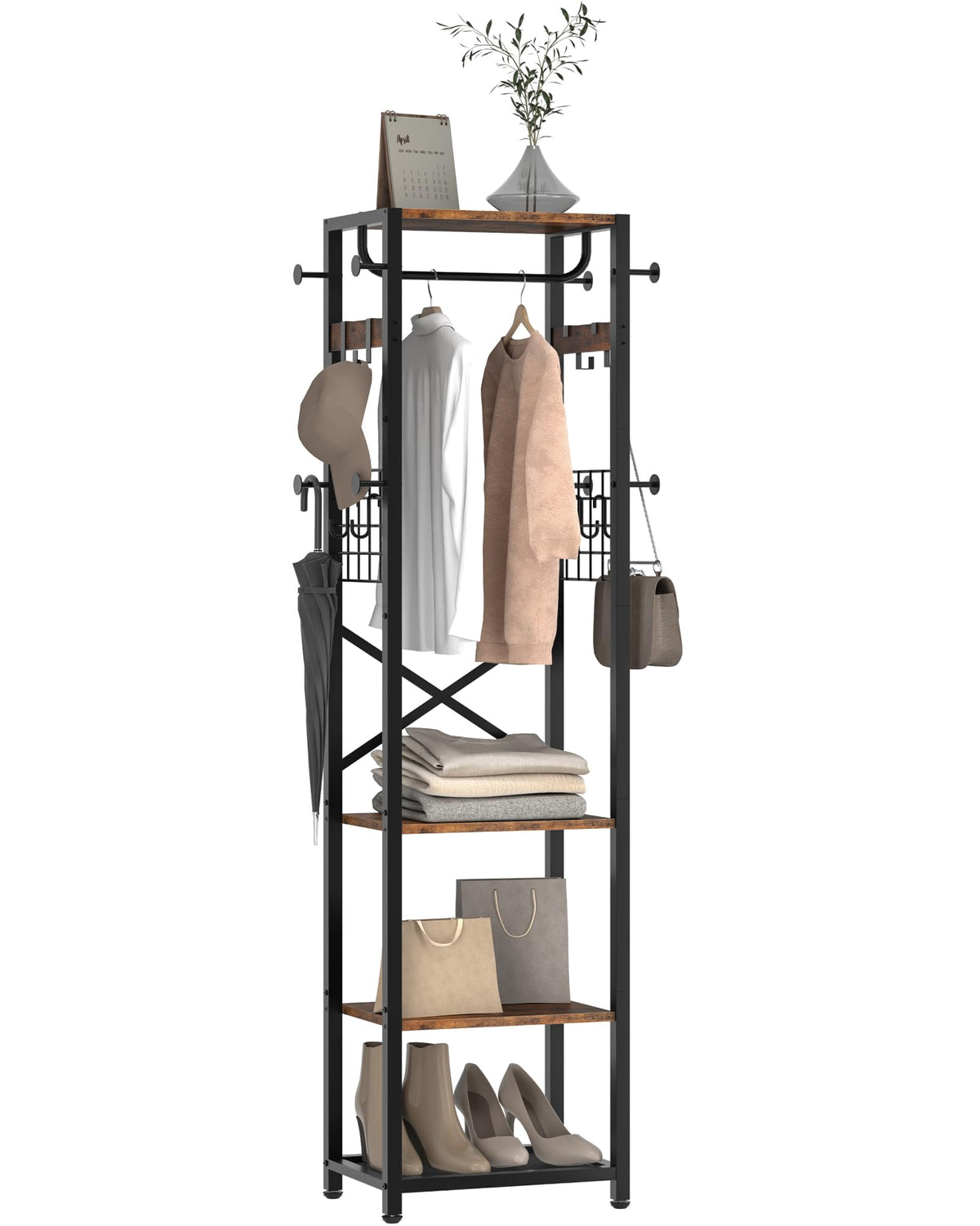 Industrial Hall Tree with 16 Hooks, Shelves and Hanging Rail, Rustic Brown