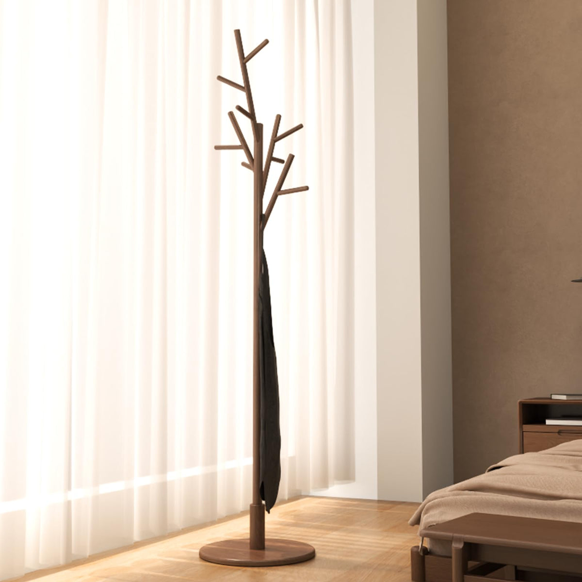 Solid Wood Tree Coat Rack, 12 Hooks, 3 Heights, Walnut