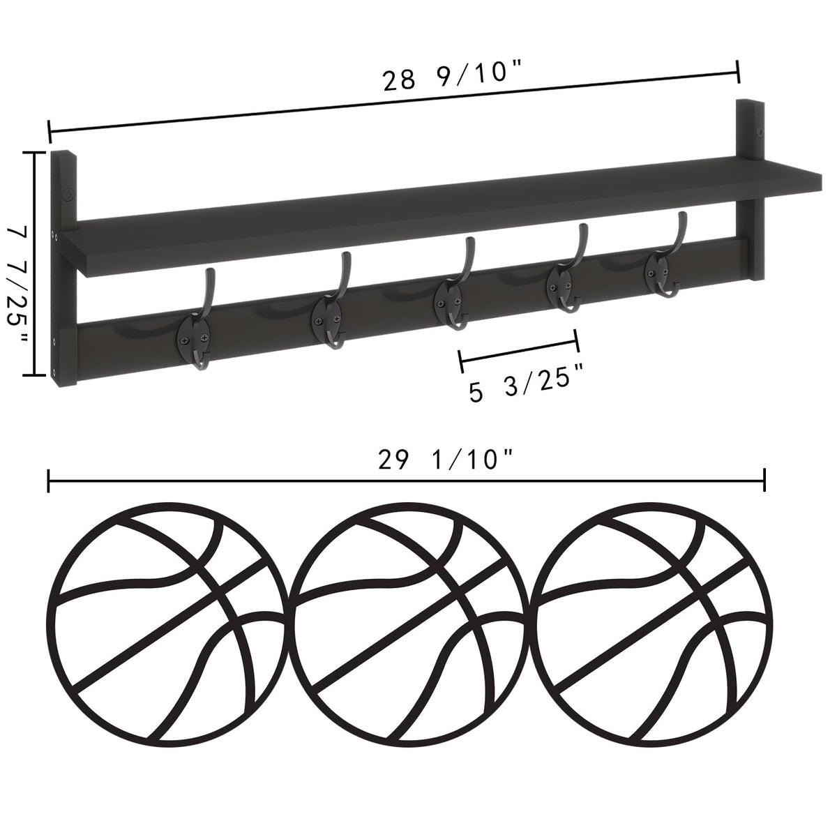 Wall Shelf with 5 Dual Hooks, 28.9 Inch Entryway Coat Rack, Black