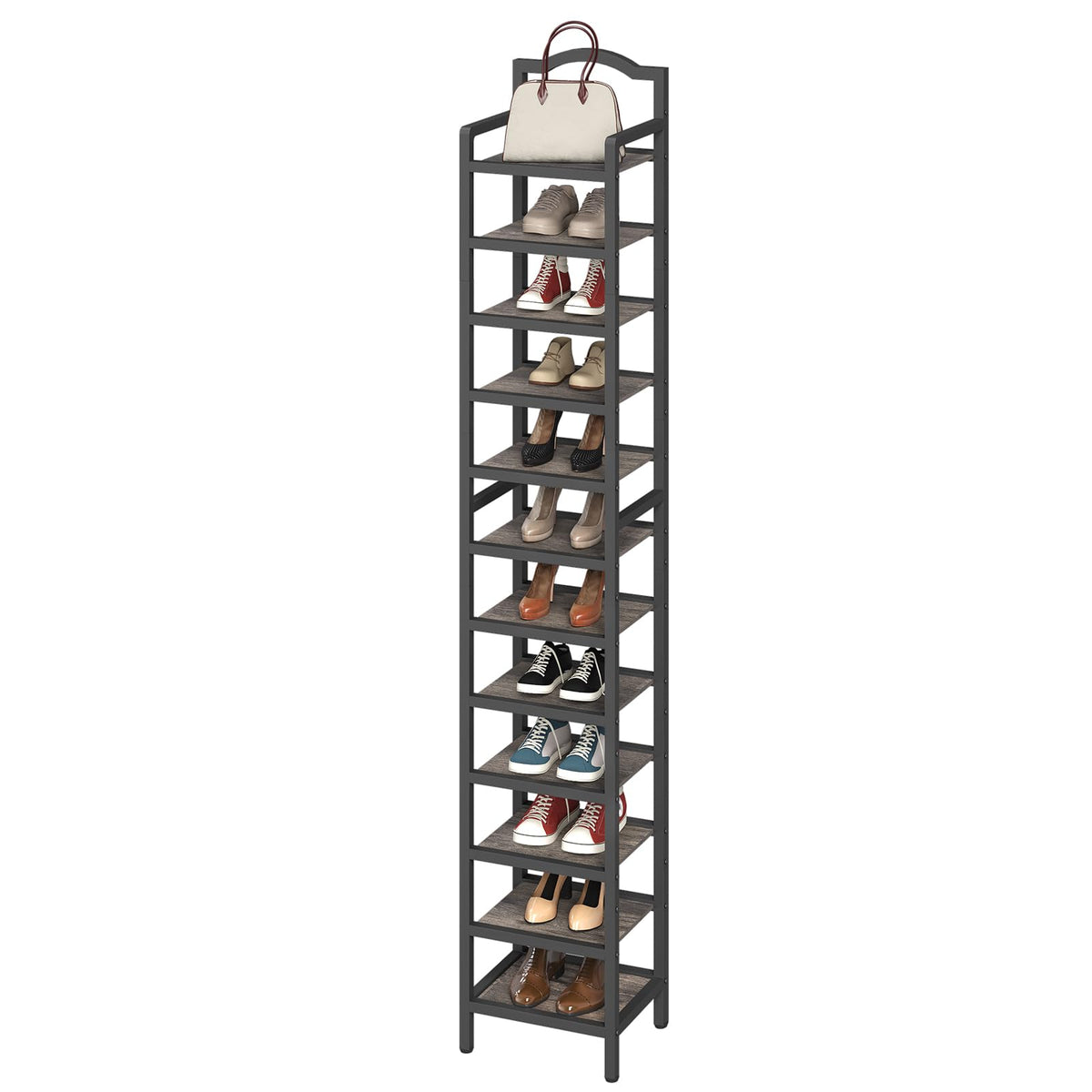 12 Tier Tall Shoe Rack, Vertical Wood Tower, Charcoal Gray and Black