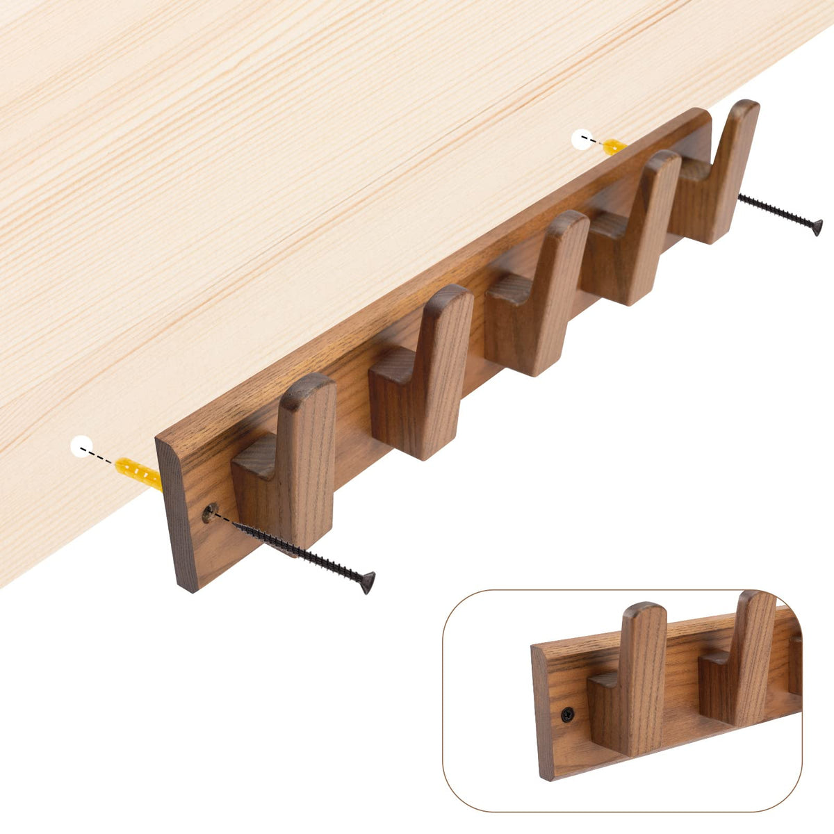 Natural Solid Wood Wall Coat Rack, 17 Inch Hole to Hole