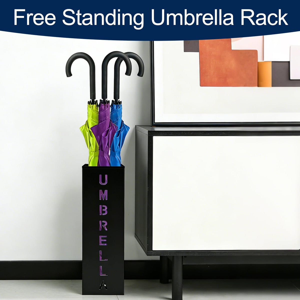 Square Black Metal Umbrella Stand with Letter Cutouts, 16.3 Inch