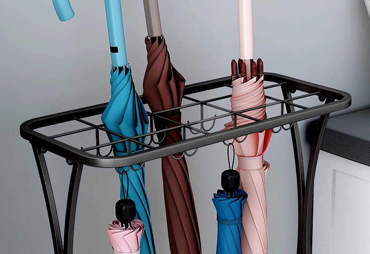 Black Iron Umbrella Rack, 15 Slots and 16 Hooks, Holds About 31