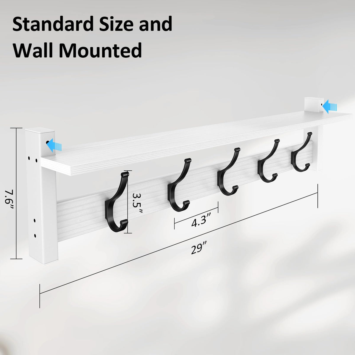 White Wall Hook Rack with Shelf, 29 Inch, 5 Coat Hooks