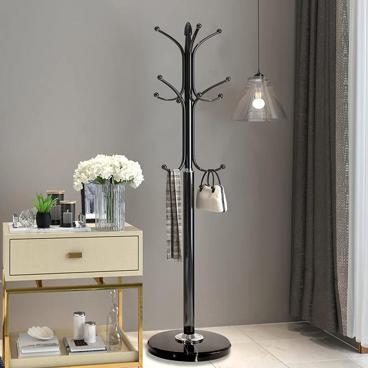 Freestanding Coat Rack with 12 Hooks, 70 Inch, Marble Base, Black