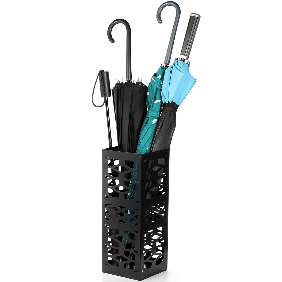 Square Metal Umbrella Stand with Floral Cutouts, Black, 15.7 Inch