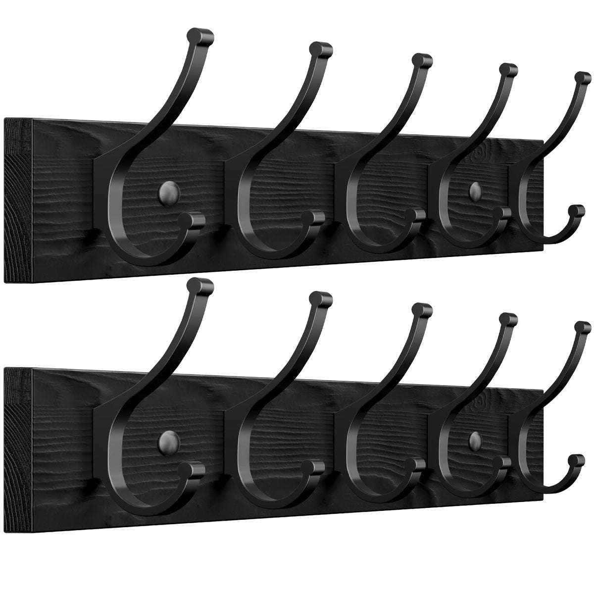 Black Wood Coat Rack Wall Mount, Set of 2 with 10 Double Hooks